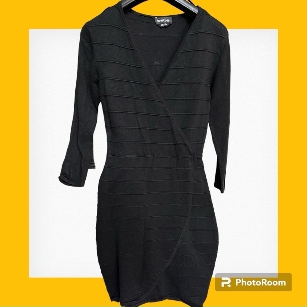 Bebe Black Ribbed V Neck Mini Dress Small